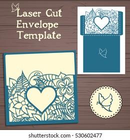 Lasercut vector wedding invitation template. Wedding invitation envelope with flowers for laser cutting. Lace gate folds.Laser cut vector.