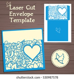Lasercut vector wedding invitation template. Wedding invitation envelope with flowers for laser cutting. Lace gate folds.Laser cut vector.