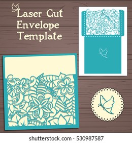 Lasercut vector wedding invitation template. Wedding invitation envelope with flowers for laser cutting. Lace gate folds.Laser cut vector.