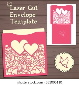 Lasercut vector wedding invitation template. Wedding invitation envelope with flowers for laser cutting. Lace gate folds.Laser cut vector.