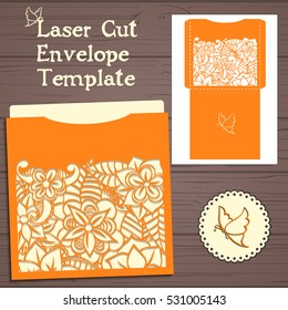 Lasercut vector wedding invitation template. Wedding invitation envelope with flowers for laser cutting. Lace gate folds.Laser cut vector.