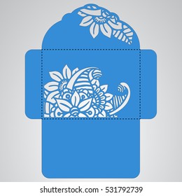Lasercut vector wedding invitation template. Wedding invitation envelope with flowers for laser cutting. Lace gate folds.Laser cut vector.