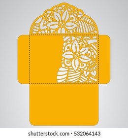Lasercut vector wedding invitation template. Wedding invitation envelope with flowers for laser cutting. Lace gate folds.Laser cut vector.