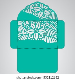Lasercut vector wedding invitation template. Wedding invitation envelope with flowers for laser cutting. Lace gate folds.Laser cut vector.