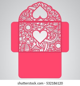 Lasercut vector wedding invitation template. Wedding invitation envelope with flowers for laser cutting. Lace gate folds.Laser cut vector.