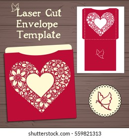 Lasercut vector wedding invitation template. Wedding invitation envelope with flowers for laser cutting. Lace gate folds.Laser cut vector.