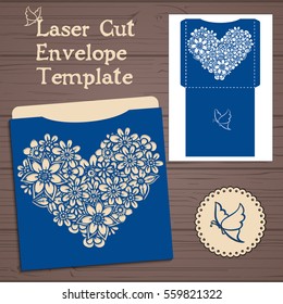 Lasercut vector wedding invitation template. Wedding invitation envelope with flowers for laser cutting. Lace gate folds.Laser cut vector.