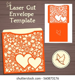 Lasercut vector wedding invitation template. Wedding invitation envelope with flowers for laser cutting. Lace gate folds.Laser cut vector.