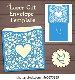 Lasercut vector wedding invitation template. Wedding invitation envelope with flowers for laser cutting. Lace gate folds.Laser cut vector.