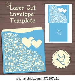 Lasercut vector wedding invitation template. Wedding invitation envelope with flowers for laser cutting. Lace gate folds.Laser cut vector.