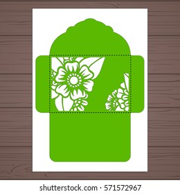 Lasercut vector wedding invitation template. Wedding invitation envelope with flowers for laser cutting. Lace gate folds.Laser cut vector.