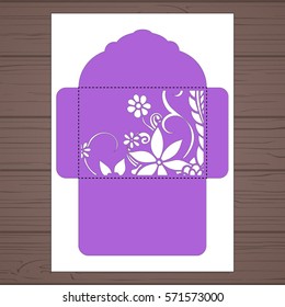 Lasercut vector wedding invitation template. Wedding invitation envelope with flowers for laser cutting. Lace gate folds.Laser cut vector.