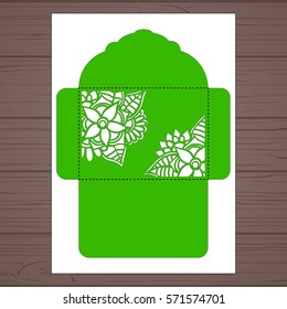 Lasercut vector wedding invitation template. Wedding invitation envelope with flowers for laser cutting. Lace gate folds.Laser cut vector.