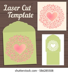 Lasercut vector wedding invitation template. Wedding invitation envelope with flowers for laser cutting. Lace gate folds.Laser cut vector.