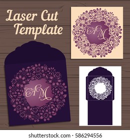 Lasercut vector wedding invitation template. Wedding invitation envelope with flowers for laser cutting. Lace gate folds.Laser cut vector.