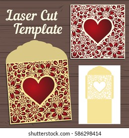 Lasercut vector wedding invitation template. Wedding invitation envelope with flowers for laser cutting. Lace gate folds.Laser cut vector.