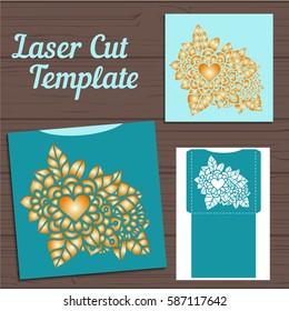 Lasercut vector wedding invitation template. Wedding invitation envelope with flowers for laser cutting. Lace gate folds.Laser cut vector.