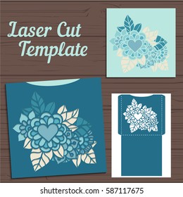 Lasercut vector wedding invitation template. Wedding invitation envelope with flowers for laser cutting. Lace gate folds.Laser cut vector.