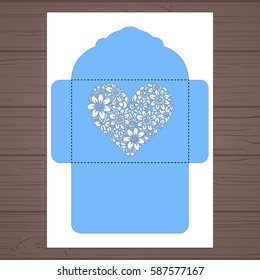 Lasercut vector wedding invitation template. Wedding invitation envelope with flowers for laser cutting. Lace gate folds.Laser cut vector.