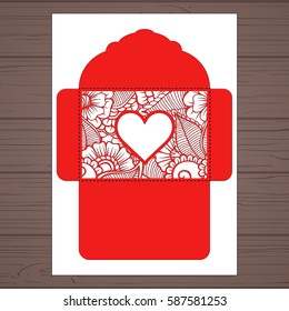 Lasercut vector wedding invitation template. Wedding invitation envelope with flowers for laser cutting. Lace gate folds.Laser cut vector.