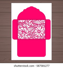 Lasercut vector wedding invitation template. Wedding invitation envelope with flowers for laser cutting. Lace gate folds.Laser cut vector.