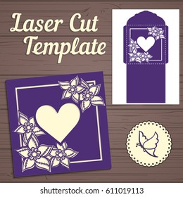 Lasercut vector wedding invitation template. Wedding invitation envelope with flowers for laser cutting. Lace gate folds.Laser cut vector.