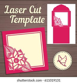 Lasercut vector wedding invitation template. Wedding invitation envelope with flowers for laser cutting. Lace gate folds.Laser cut vector.