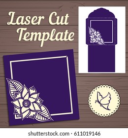 Lasercut vector wedding invitation template. Wedding invitation envelope with flowers for laser cutting. Lace gate folds.Laser cut vector.