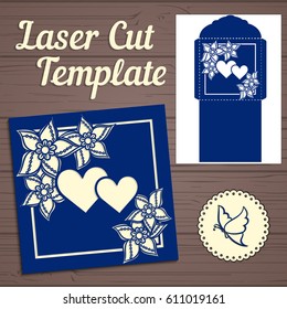 Lasercut vector wedding invitation template. Wedding invitation envelope with flowers for laser cutting. Lace gate folds.Laser cut vector.