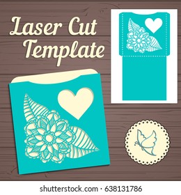 Lasercut vector wedding invitation template. Wedding invitation envelope with flowers for laser cutting. Lace gate folds.Laser cut vector.