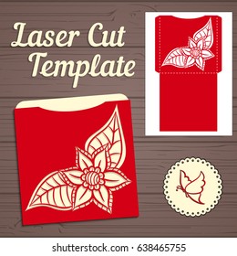 Lasercut vector wedding invitation template. Wedding invitation envelope with flowers for laser cutting. Lace gate folds.Laser cut vector.
