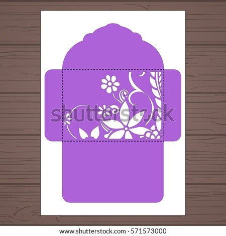 Lasercut vector wedding invitation template. Wedding invitation envelope with flowers for laser cutting. Lace gate folds.Laser cut vector.