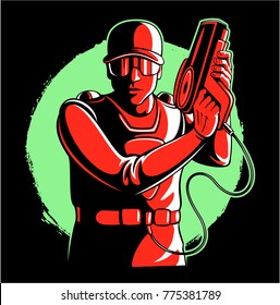 Lasertag Player, Man With The Ammunition And Laser Tag Gun, Vector Image.