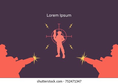 Lasertag vector flat banner illustration, layout for design, red, blue, silhouettes of soldiers playing, two pupils shooting at rival and in goal, yellow flash and lightning, hitting
