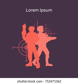 Lasertag vector flat banner illustration, layout for design, red, blue, silhouettes of soldiers, two players stand on targets background, targets