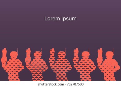 Lasertag vector flat banner illustration, layout for design silhouettes of soldiers 
