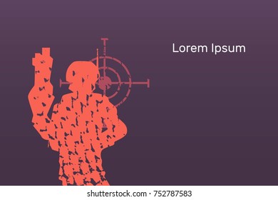 Lasertag vector flat banner illustration, layout for designsoldiers soldiers silhouettes, party stands alone on target background with arms