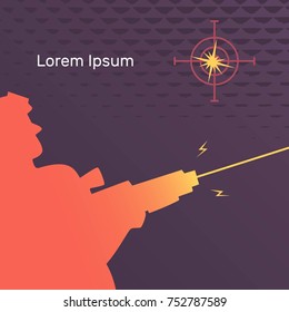 Lasertag vector flat banner illustration, layout for design,silhouettes of soldiers playing, party player hits the target, yellow laser beam flash and lightning