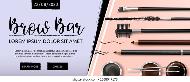 Lash and Brow Bar. Accessories.  Make up. Tools for care of the brows. Eyebrows pencil. Angle brush, tweezers and comb. Banner for professional makeup artist. Beauty shop. Vector