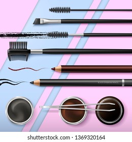 Lash and Brow Bar. Accessories.  Make up. Tools for care of the brows. Eyebrows pencil. Angle brush, tweezers and comb. Banner for professional makeup artist. Beauty shop. Vector