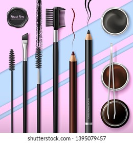 Lash and Brow Bar. Accessories.  Make up. Tools for care of the brows. Eyebrows pencil. Angle brush, tweezers and comb. Banner for professional makeup artist. Black wax seal. Vector