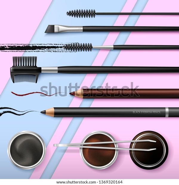 Lash and\
Brow Bar. Accessories.  Make up. Tools for care of the brows.\
Eyebrows pencil. Angle brush, tweezers and comb. Banner for\
professional makeup artist. Beauty shop.\
Vector