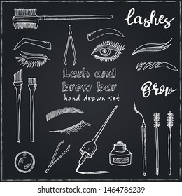Lash and brow bar hand drawn doodle set. Vector illustration. Isolated elements on chalkboard background. Symbol collection.