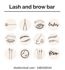 Lash and brow bar hand drawn doodle set. Vector illustration. Isolated elements on white background. Symbol collection.