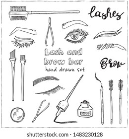 Lash and brow bar hand drawn doodle set. Vector illustration. Isolated elements on white background. Symbol collection.