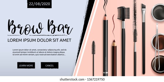 Lash and Brow Bar. Makeup. Accessories. Tools for care of the brows. Eyebrows pencil. Angle brush, tweezers and comb. Banner for professional makeup artist. Beauty shop. Vector