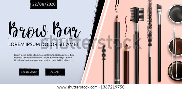 Lash and\
Brow Bar. Makeup. Accessories. Tools for care of the brows.\
Eyebrows pencil. Angle brush, tweezers and comb. Banner for\
professional makeup artist. Beauty shop.\
Vector