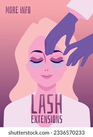 Afiche o banner de la extensión de la exuberante belleza para maestros de belleza y salones profesionales, ilustración vectorial plana. Extensión de pestañas falsas realce de cara cosmética.