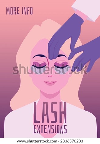 Lash extension beauty procedure poster or banner for beauty masters and professional salons, flat vector illustration. False eyelash extension cosmetic face enhancement.