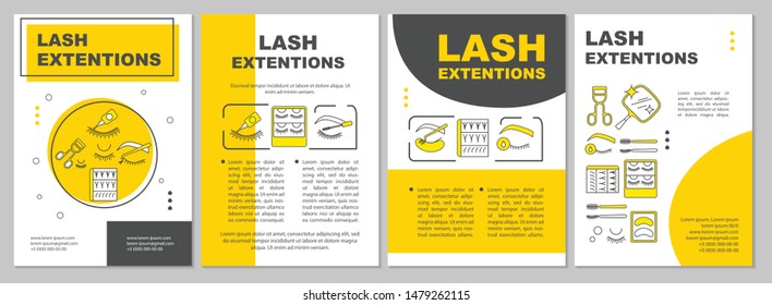 Lash extension brochure template layout. False eyelashes yellow flyer, booklet, leaflet print design with linear illustrations. Vector page layouts for magazines, annual reports, advertising posters